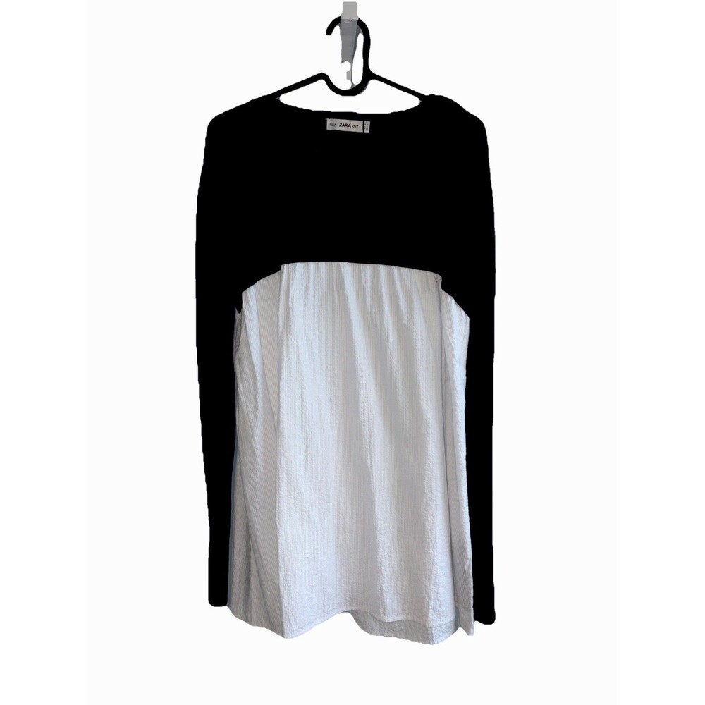 Zara Black Knit & White Textured Layered Blouse Open Back Long Sleeve NWT M